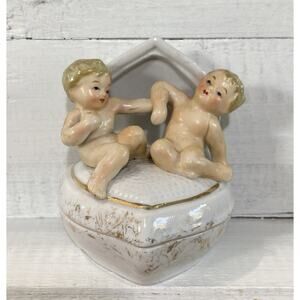 Vintage Ucago Japan Cherub Heart Lidded Trinket Box